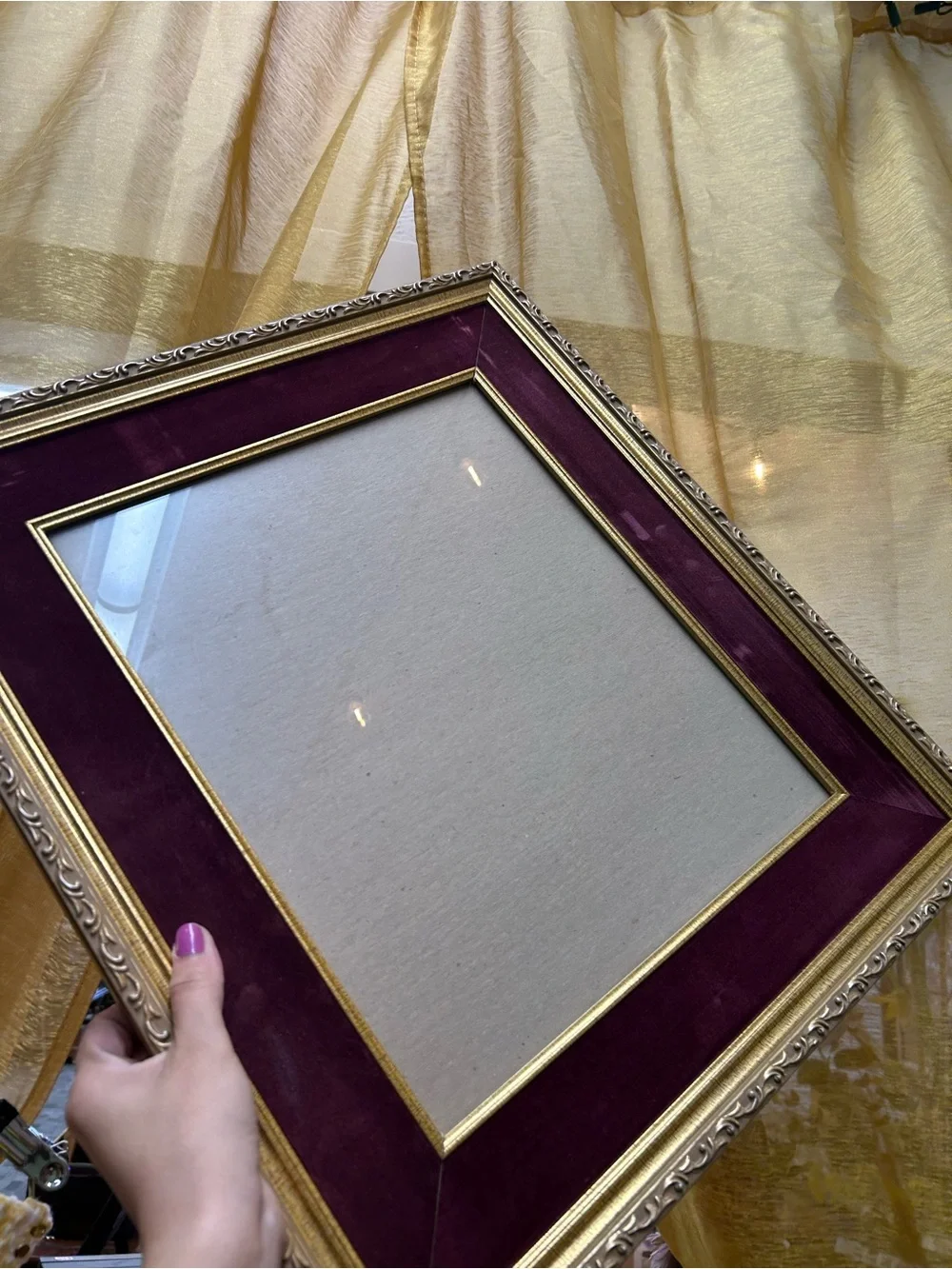 Vintage Ornate square picture frame features a rich purple velvet mat border